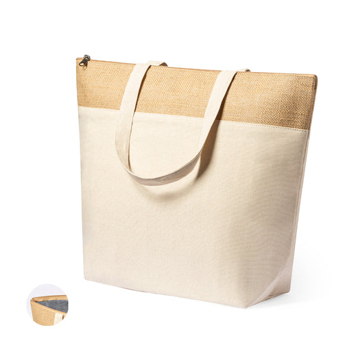 Thermal bag in resistant cotton of 225g/m2, with laminated jute top and cotton handles - Linax Personalised