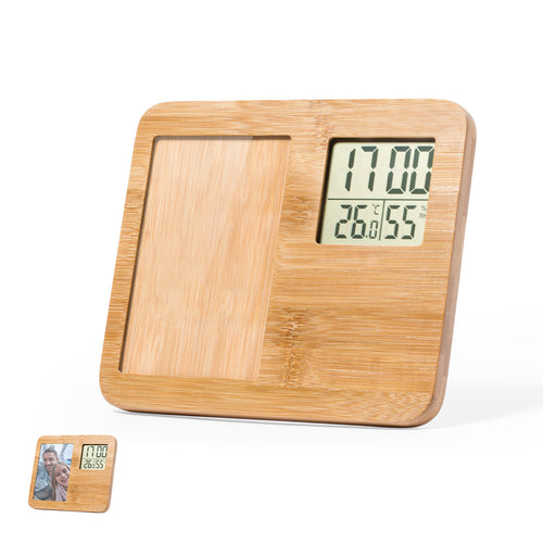 Photo frame made in polished bamboo, with integrated weather station and functions thermometer, hygrometer and clock - Krent Personalised