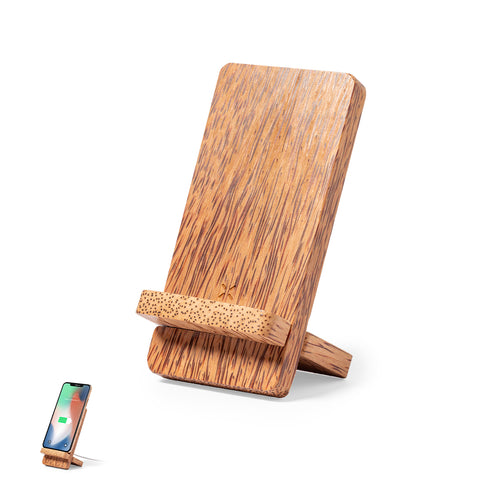 Wireless charger 15W in nature line with holder function for smartphone and manufactured in coconut - Grodin Personalised