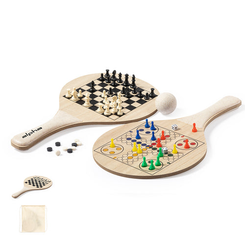Pair of beach rackets with integrated chess, checkers and parcheesi boards - Pecter Personalised