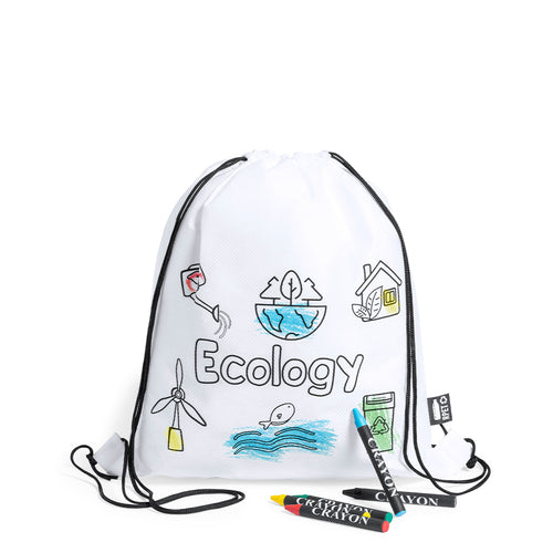 Drawstring backpack made of non-woven RPET in white, specially designed for coloring with crayons - Balard Personalised
