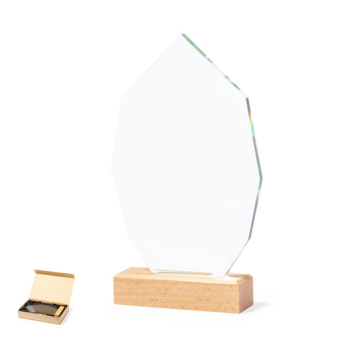 Commemorative plaque made of thick and resistant glass, with a natural wood base - Pulman Personalised