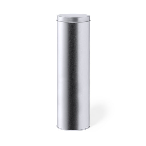 Presentation box in cylindrical format, made in resistant metal with silver finish and matching lid - Kannus Personalised