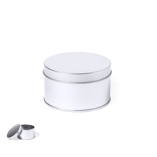 Presentation box in round format, made in resistant metal with silver finish and matching lid - Rubrux Personalised