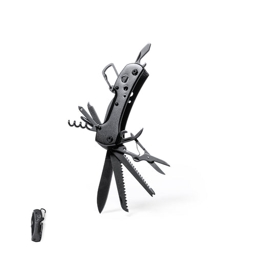 Accessori Per Il Tempo Libero Komit Personalizzato - Coltello multiuso con accessori in acciaio inox rifinitura nera e manico in alluminio robusto abbinato con moschettone integrato nell'impugnatura