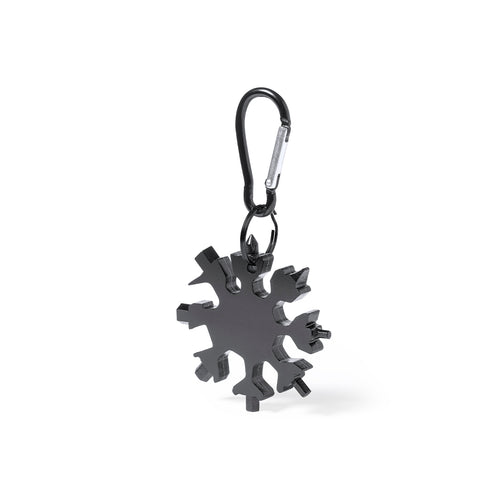 Genuine and handy multi-tool made in resistant stainless steel in black finish, with matching ring and carrying carabiner - Torkul Personalised