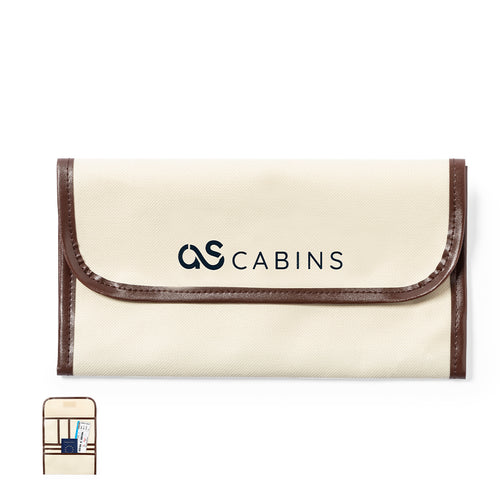 Travel document holder made of durable 600D in natural finish, with brown PU leather piping and reinforcements - Farrel Personalised