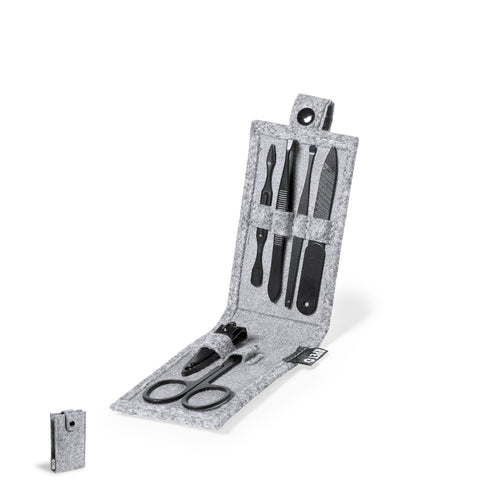 Manicure set with 6 accessories and case made in Felt RPET, the result of the combination of the recycling processes of plastic materials along with the millenary technique of felt manufacturing, resulting in an...