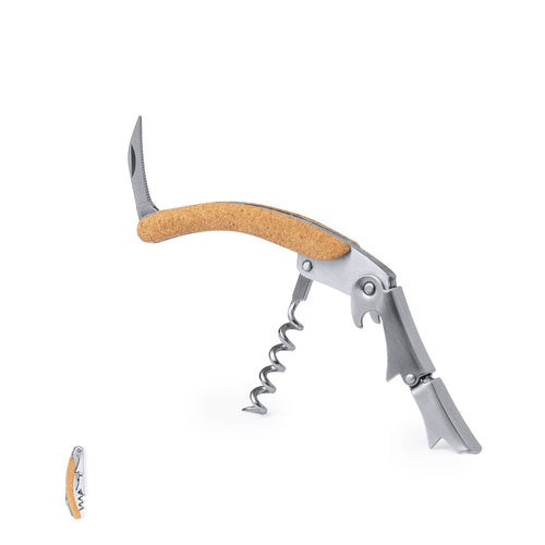 Dual lever mechanism corkscrew made in stainless steel, with natural cork handle and integrated capsule cutter - Glaber Personalised