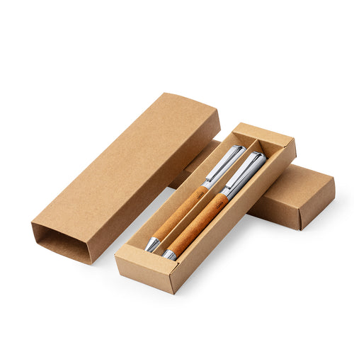 Set of metallic ball pen and roller, with barrel in recycled leather - Vincen Personalised