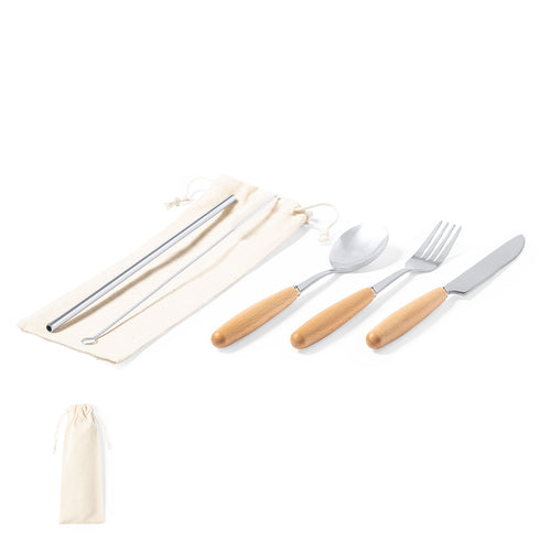 5-piece cutlery set made in stainless steel, with natural wood handle - Basuky Personalised