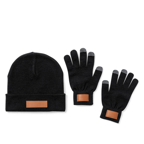 Set of hat and gloves in adult size, made of elastic acrylic material and with a stitched PU patch for branding - Prasan Personalised