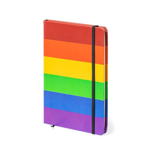 Multicoloured Rainbow notepad, with soft touch PU leather hard covers and elastic band - Locomix Personalised