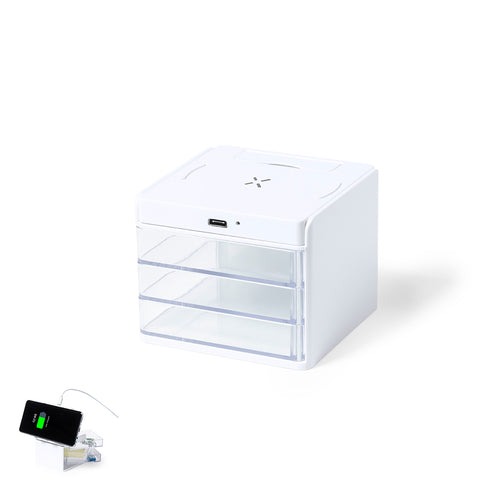 Charger organizer with smartphone holder and integrated 10W wireless charger, compatible with devices equipped with Qi wireless charging technology - Macky Personalised