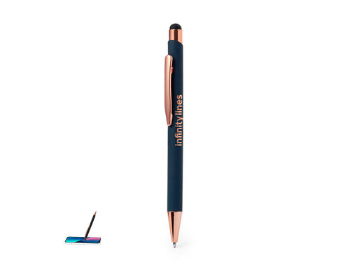 Rubber touch ball pen specially designed for laser marking with rose-coloured logo - Taulf Personalised