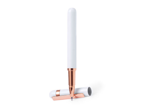 Elegant roller ball pen specially designed for laser marking with rose-coloured logo - Kasey Personalised
