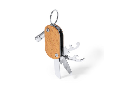 Handy multi-tool key ring made in resistant stainless steel and wood - Polty Personalised