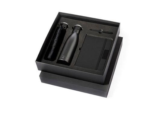 Borracce Gregory Personalizzato - Elegante set premium composto da: Thermos a doppio parete in acciaio inox riciclato con finitura nera opaca e capacità di 500 ml, con maniglia rigida in metallo color argento opaco