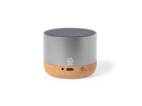 Speaker made in eco combination of recycled aluminium casing and natural cork base - Moore Personalised