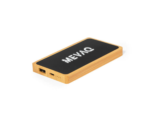5,000 mAh external auxiliary battery made of bamboo with an elegant black surface, inner LED light and an outer coating specially designed for laser engraving, lighting up the logo - Koby Personalised