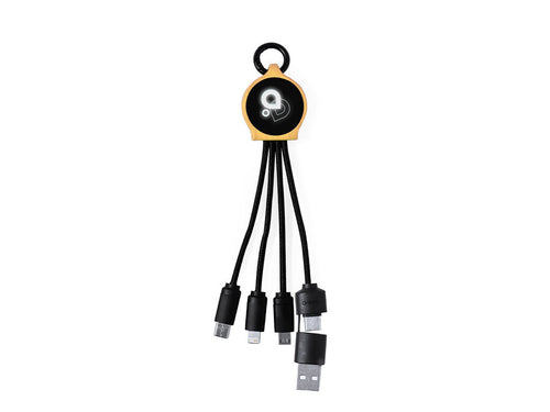 Charging cable made of bamboo with elegant black surface, inner LED light and an outer coating specially designed for laser engraving, lighting up the logo - Lawrence Personalised