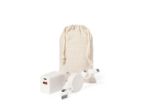 Set of USB wall charger with fast charging and cable charger with data transfer, made in wheat straw - Pylot Personalised