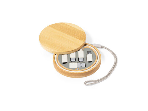 Complete charging cable set made of wheat straw, with polished bamboo case and carrying handle - Chaconix Personalised