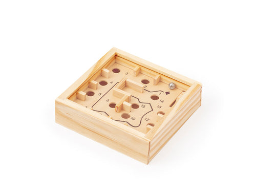 Fun skill game made of wood, with the objective to overcome a challenging maze with 15 obstacles, and avoiding the metal ball inside to fall into the holes - Bucher Personalised