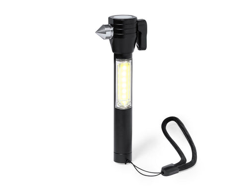 Versatile emergency hammer with three functions: a powerful torch with 6 COB lights powered by button batteries (included), a metal glass breaker tip and a belt cutter blade - Abus Personalised