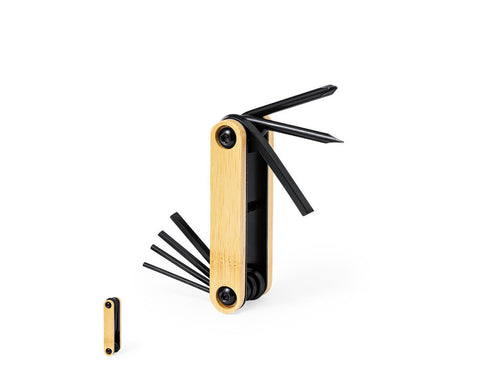 Practical multi-tool made of resistant carbon steel with black finish, with bamboo casing and 7 functions: allen keys, flat and philips screwdriver - Ruselton Personalised