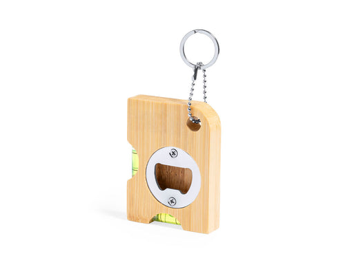 Practical multifunctional key ring made of bamboo, with integrated opener and useful level meters - Nish Personalised
