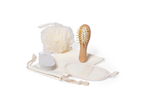 Complete bath set with 4 accessories, presented in a practical, self-closing cotton bag - Seido Personalised