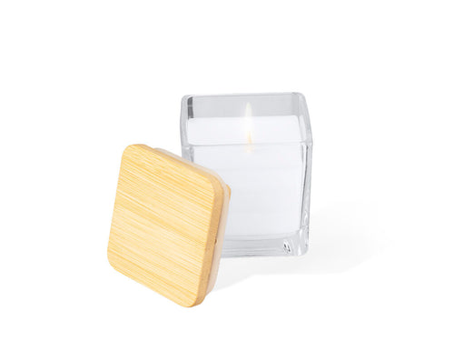 Scented candle in a transparent glass jar, square-shaped with a bamboo lid - Safron Personalised