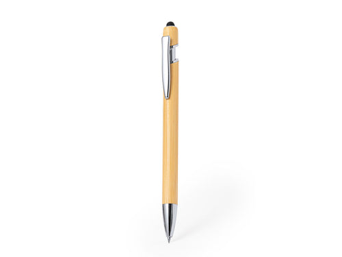 Push-button mechanism ball pen pointer with bamboo barrel, chrome plated fittings and black pointer - Clixo Personalised