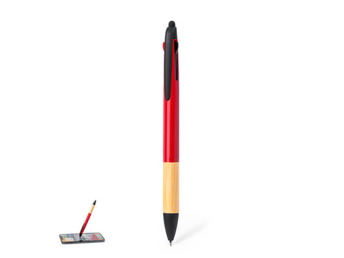 Practical ball pen pointer with 3 different ink colours (blue, red, and black) made of bamboo - Milok Personalised