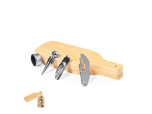 Wine set, presented in a wine bottle inspired design box and carved in bamboo, with stainless steel accessories - Darini Personalised