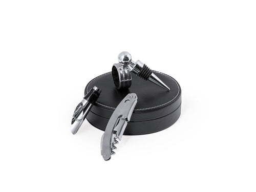 Wine set with elegant round design finished in PU leather, with stainless steel accessories - Albion Personalised
