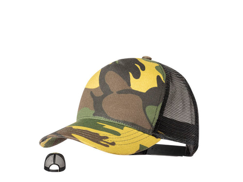 RPET polyester 5 panel cap with mesh and adjustable plastic fastening - Pamper Personalised