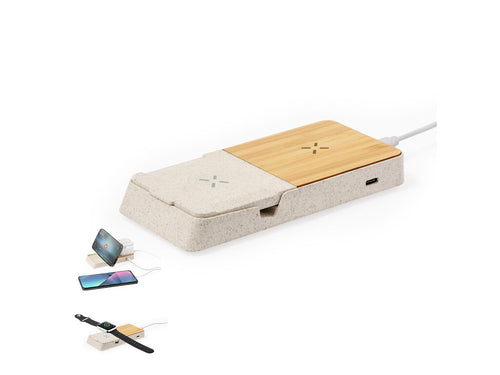Complete 15W wireless charger with holder, made in a combination of bamboo and wheat straw - Barichen Personalised