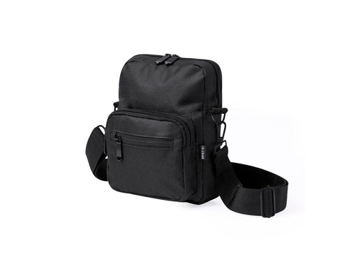Shoulder bag made of RPET 600D polyester, with a central zipped pocket and double puller, and two front compartments with quick access and zipped closure - Lixia Personalised