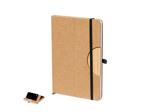 Notebook with hard covers made of cork and with versatile smartphone and tablet holder integrated at the front cover - Drizax Personalised