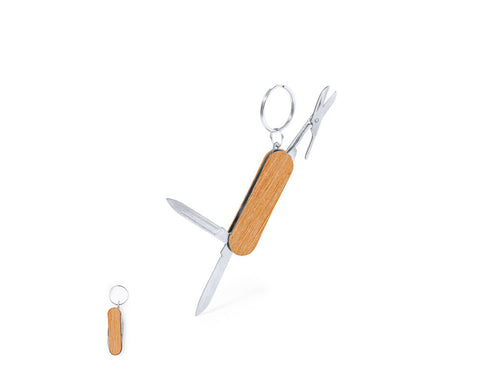 Practical multitool keychain, with accessories made in resistant stainless steel and housing in natural wood - Famke Personalised