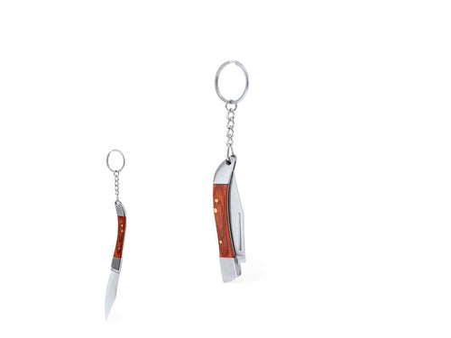 Practical knife keychain with stainless steel blade and resistant metal handle with details in natural wood - Spiet Personalised