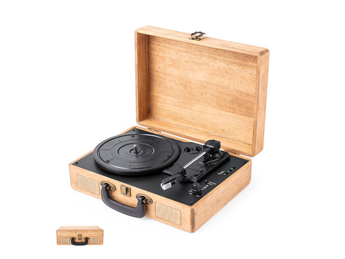 Portable turntable presented in a case made of natural wood, with safety lock and carrying handle - Vinilux Personalised