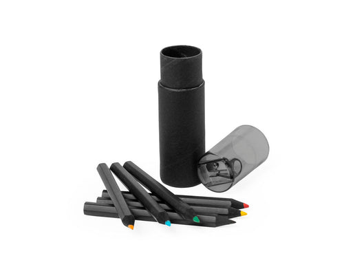 Set of 6 wooden pencils finished in black, with hexagonal body and leads in various colours - Durcax Personalised