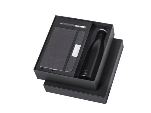 Set Di Blocchi E Quaderni Datiford Personalizzato - Elegante set premium che comprende: Thermos a doppia parete in acciaio inox riciclato con finitura nera opaca e capacità di 500 ml, con manico rigido in metallo...