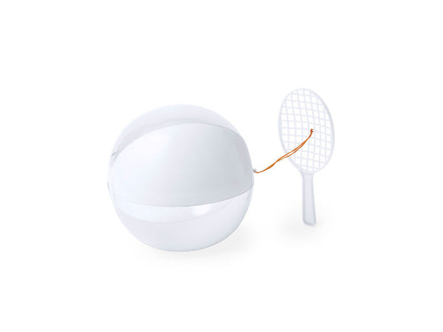 Fun set of racket and ball in a combination of white and translucent colors, attached by an elastic band - Skippy Personalised