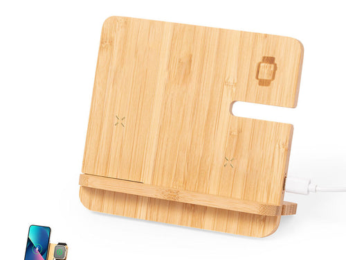 Complete 15W wireless multi-charger with gadget holder, made of bamboo - Hamsy Personalised