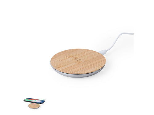 Wireless Charger 15W with circular design, body made of Recycled Aluminium and bamboo charging base - Sutmy Personalised