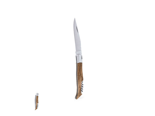 Pocket knife made of resistant stainless steel, with ergonomic handle made of lacquered natural wood and integrated corkscrew - Sparq Personalised